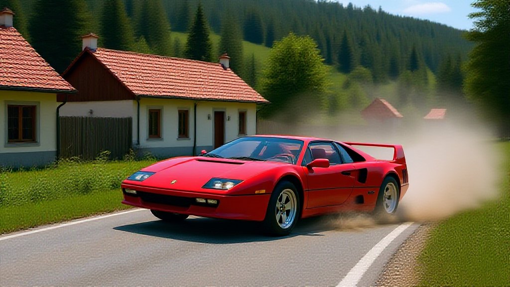 Rudé Ferrari F40 se žene po silnici u vesnice pod Jestřebími horami, za koly se zvedá prach