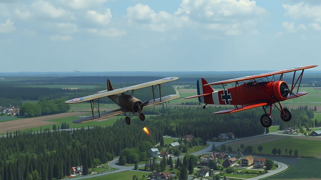 Rudý Fokker pálí po Sopwith Camelu nad lesy a vesnicemi u Batňovic