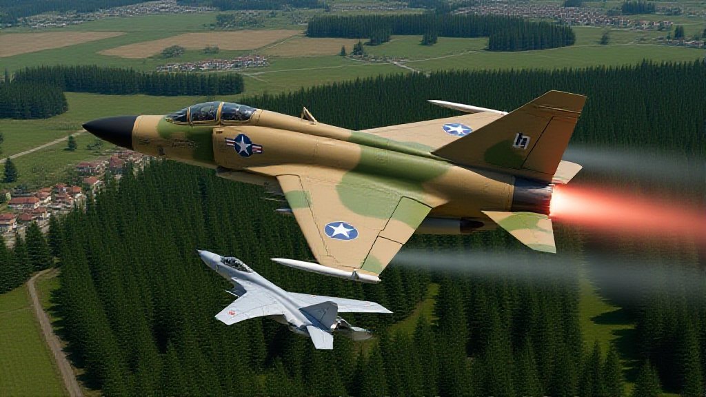 F-4 Phantom s přídavným spalováním a MiG-21 nad lesy a vesnicemi u Batňovic