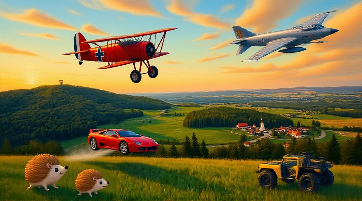 Večer nad Jestřebími horami: rudý dvojplošník a proudová stíhačka na obloze, Ferrari skáče na silnici v údolí, v trávě ježci a robotí auto